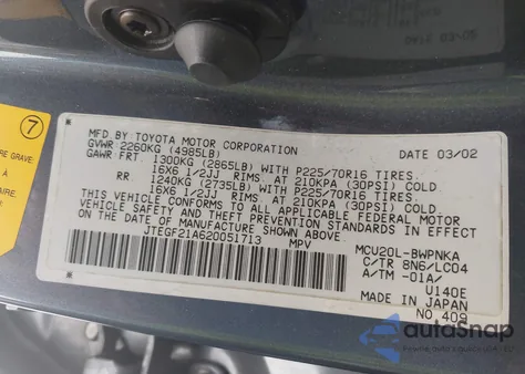 2002 Toyota Highlander Limited V6 z USA, uszkodzony, nr VIN JTEGF21A620051713